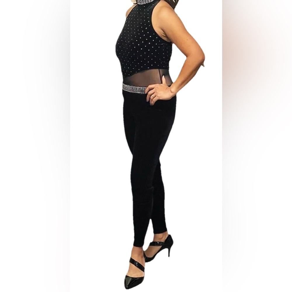 Black Velvet Sheer Rhinestone Studded Sleeveless Jumpsuit Halter Neck Sz S